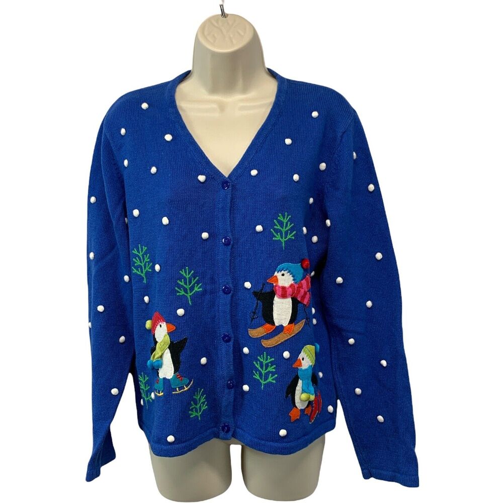 Classics Women's Sweater Medium Cardigan Blue Peguin Snow Ugly Christmas Holiday